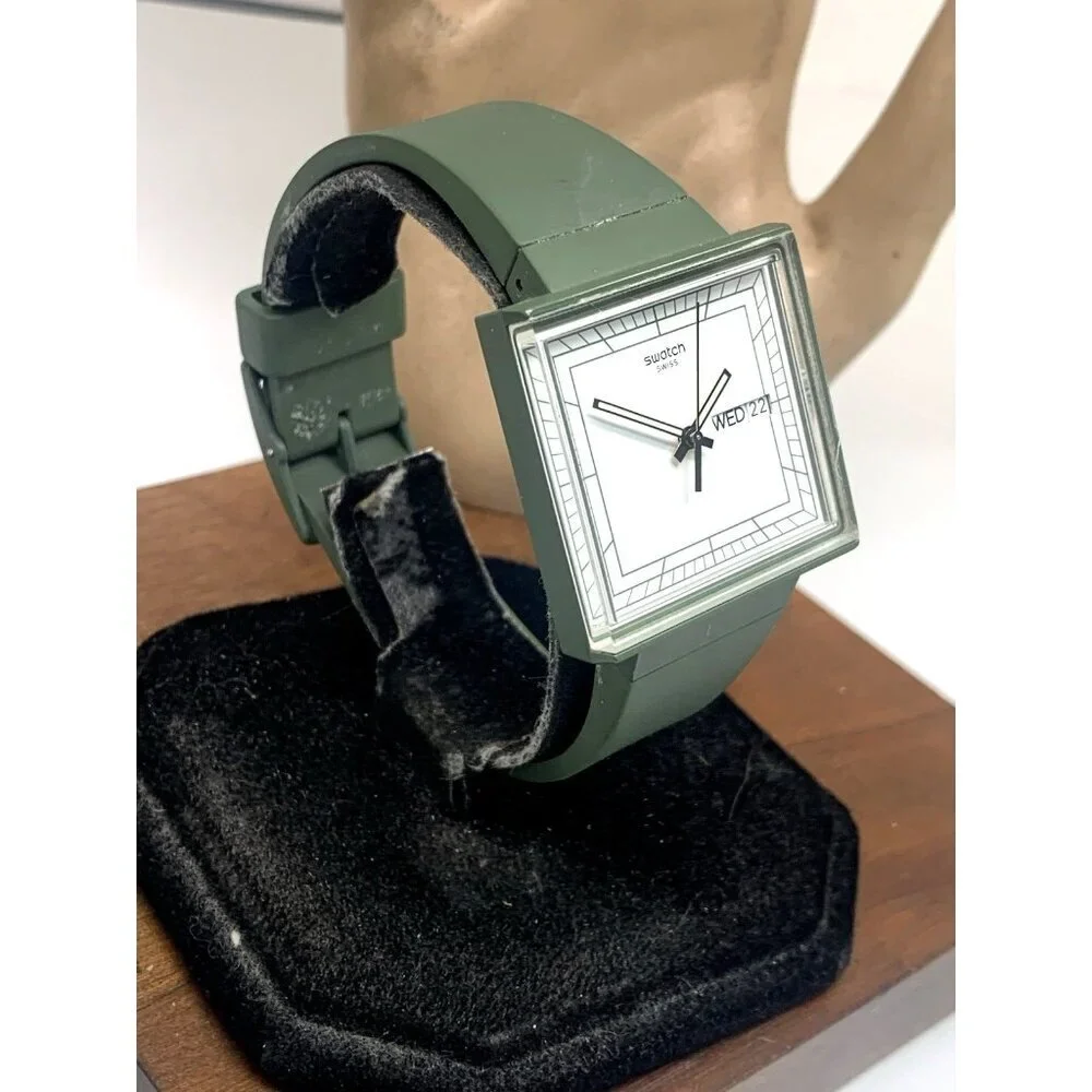 Swatch Women's Watch SO34G700 What If Swiss Quartz White Dial Green Rubber 33mm